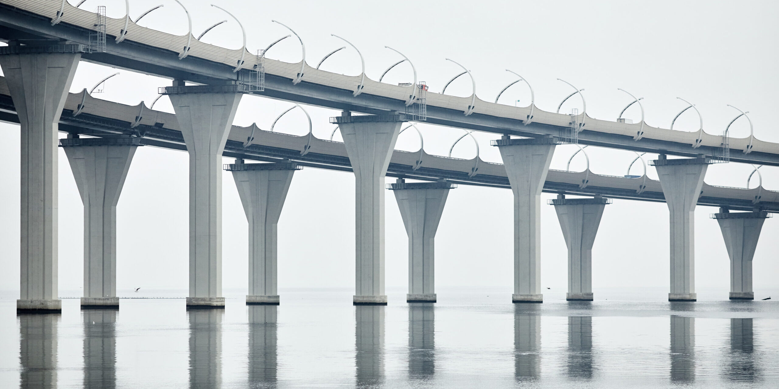 Minimal background image of industrial high tech bridge in water, copy space